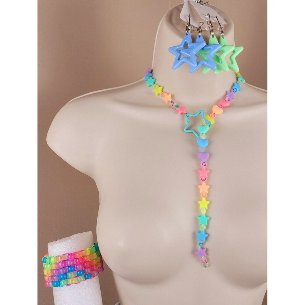 5pc rainbow glow Pastel Silicon lariat drop star Necklace cuff earrings nail art